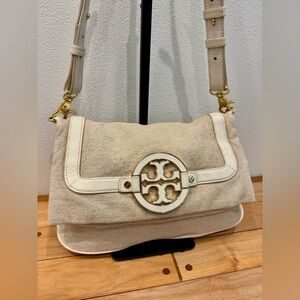 Tory Burch Amanda Foldover Crossbody Bag in Light Beige Canvas